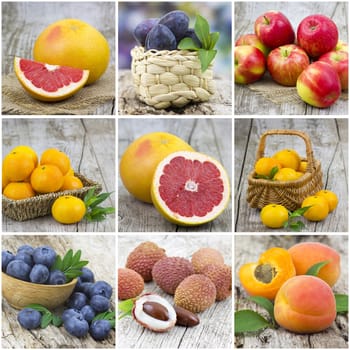 fresh fruits on wooden background - collage