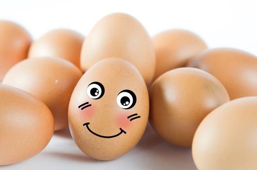  brown egg with smiling face with friend  on white background .
