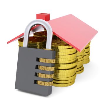 House made of dollars and combination lock. 3d render isolated on white background