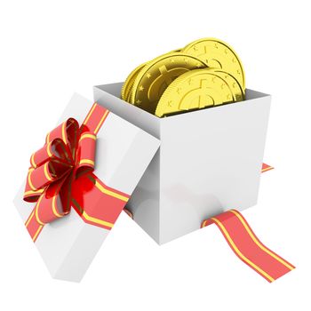 Gold coins in a gift box. 3d render isolated on white background