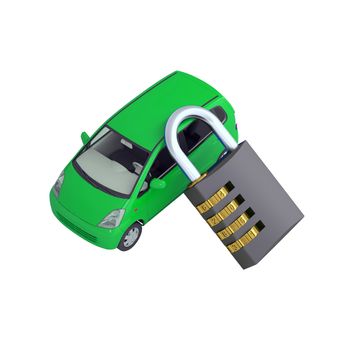Green small car and combination lock. 3d render isolated on white background