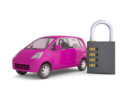 Pink small car and combination lock. 3d render isolated on white background