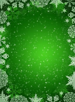 Christmas frame. White snowflakes on the green background