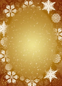 Christmas frame. White snowflakes on the yellow background