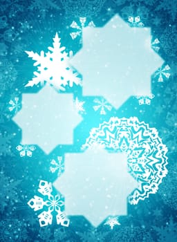 Christmas frame. White snowflakes on the blue background