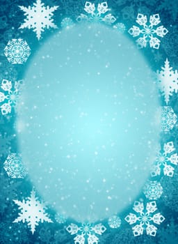 Christmas frame. White snowflakes on the blue background