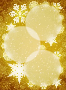 Christmas frame. White snowflakes on the yellow background