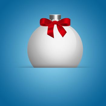 Christmas ball with red ribbon on blue background