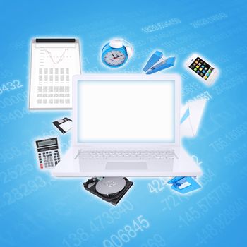 Illustration of communication technologies. Laptop and Internet