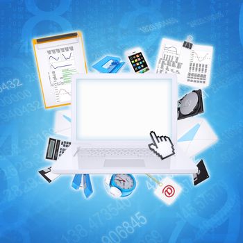 Illustration of communication technologies. Laptop and Internet