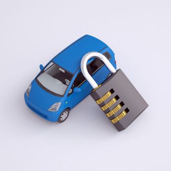 Blue small car and combination lock. 3d render on gray background