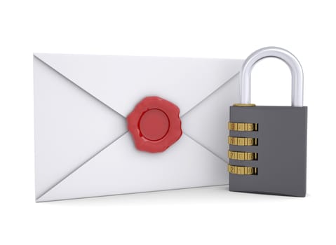 Combination lock and white envelope. Isolated render on a white background