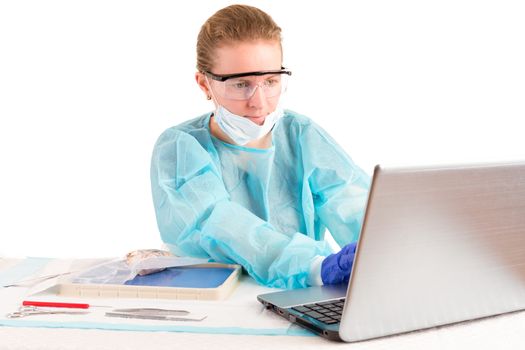 Attractive female doctor or pathologist seated at a desk in the laboratory entering information on a laptop computer
