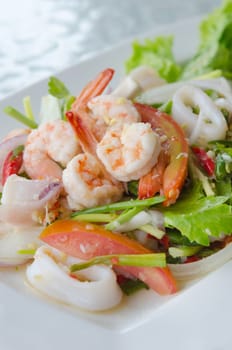 close up shrimp , mixed  vegetable and seafood , Thai spicy salad