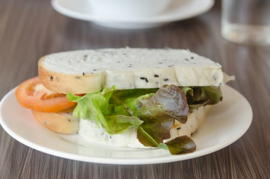 close up fresh  sandwich with tomatoes , lettuce , no meat   on dish