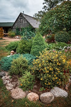 Old small wooden cottage and stone wall with flowers