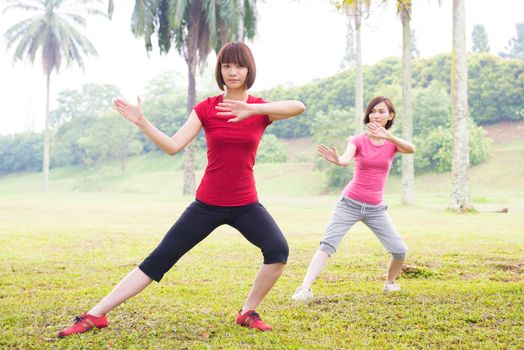 Asian girls practicing tai chi in the outdoor park
