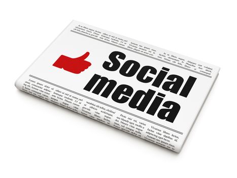 Social media concept: newspaper headline Social Media and Thumb Up icon on White background, 3d render