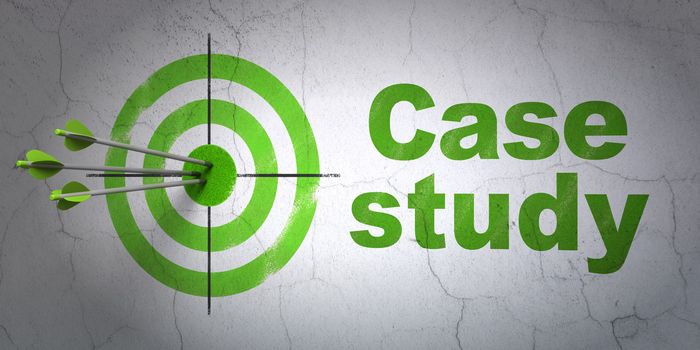 Success Education concept: arrows hitting the center of target, Green Case Study on wall background, 3d render