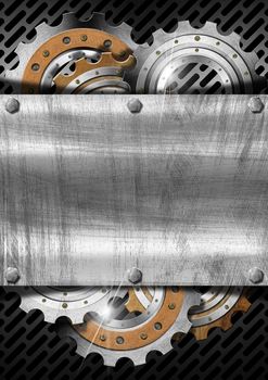 Metal blank plate with bolts on dark metal grid with gears