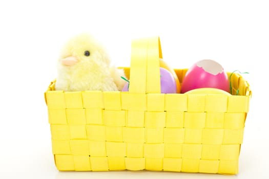 Little chick in a basket with some colorful Easter eggs