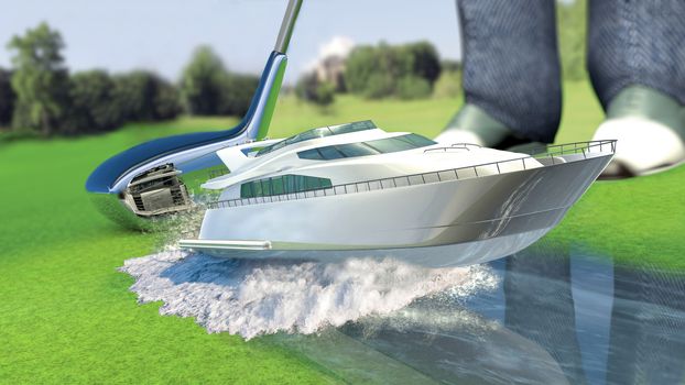 Yacht golf concept metaphor.Yacht hit by a golf club. Kick off.