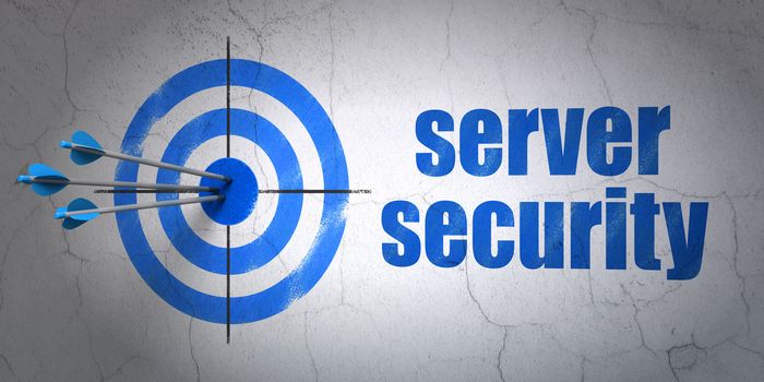 Success safety concept: arrows hitting the center of target, Blue Server Security on wall background, 3d render