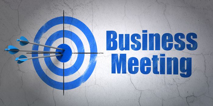 Success business concept: arrows hitting the center of target, Blue Business Meeting on wall background, 3d render