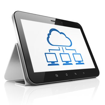 Cloud technology concept: black tablet pc computer with Cloud Network icon on display. Modern portable touch pad on White background, 3d render