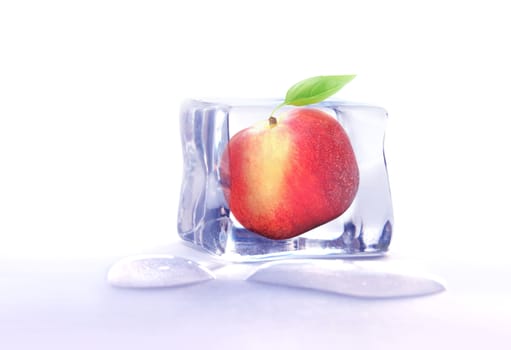 Fresh whole peach fruit frozen inside ice cubes over a white background 