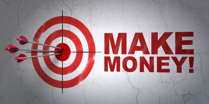 Success business concept: arrows hitting the center of target, Red Make Money! on wall background, 3d render