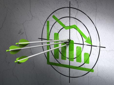 Success news concept: arrows hitting the center of Green Decline Graph target on wall background, 3d render