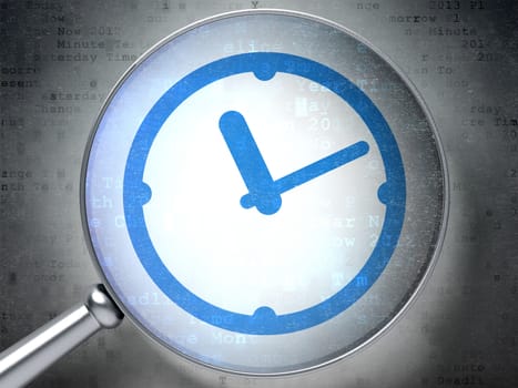 Time concept: magnifying optical glass with Clock icon on digital background, 3d render