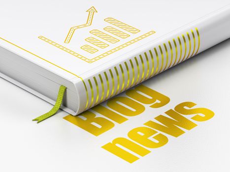 News concept: closed book with Gold Growth Graph icon and text Blog News on floor, white background, 3d render
