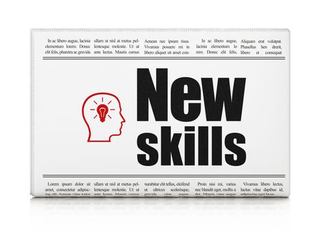 Education concept: newspaper headline New Skills and Head With Lightbulb icon on White background, 3d render