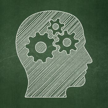 Information concept: Head With Gears icon on Green chalkboard background, 3d render