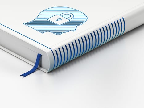 Business concept: closed book with Blue Head With Padlock icon on floor, white background, 3d render