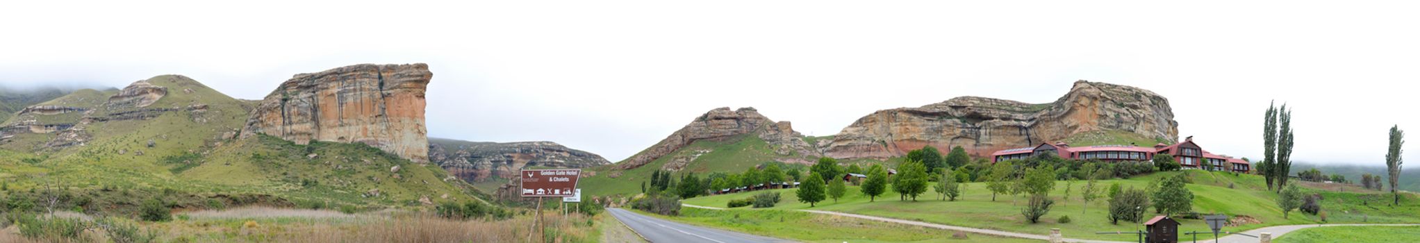 The Sentinel and hotel in the Golden Gate Highlands National Park, South Africa. Stitched panorama from 8 separate photos