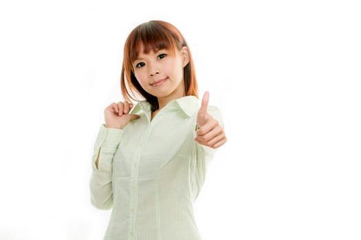 Chinese woman giving thumbs up sign