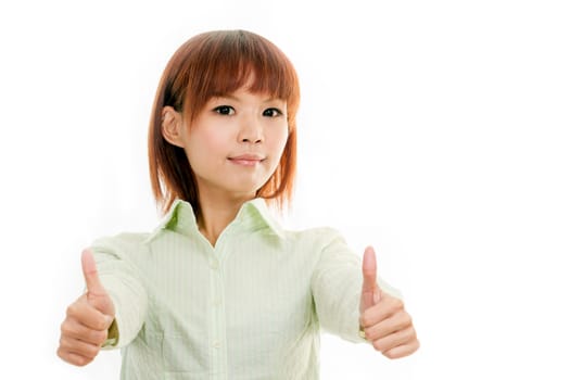 Chinese woman giving thumbs up sign