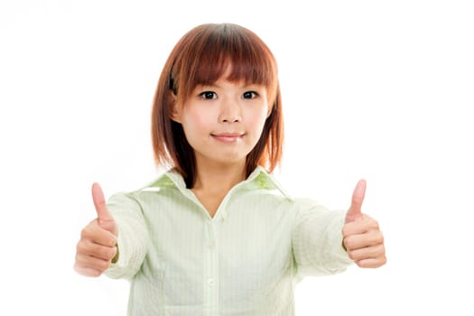 Chinese woman giving thumbs up sign