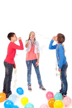 a birthday girl with her two friends and balloons on a white background