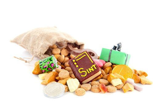 A jute bag full of pepernoten, for celebrating a dutch holiday " Sinterklaas "  on the fifth of December