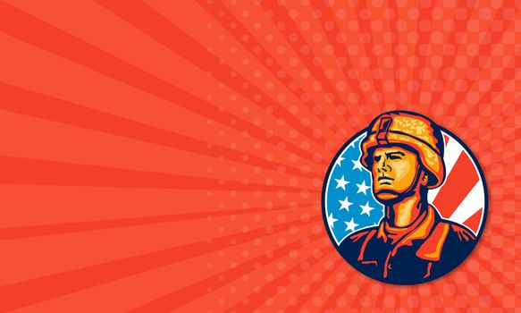 Business card template showing illustration of an American soldier military serviceman looking forward with USA stars and stripes flag in background set inside circle.