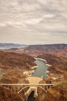 Hoover Dam taken from helicopter near las vegas 2013 with bridge