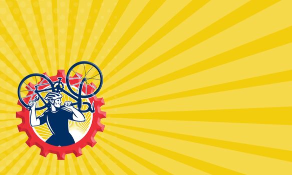 Business card template showing illustration of a cyclist bicycle mechanic carrying racing bike on shoulder holding spanner wrench looking to side set inside cog mechanical gear sprocket done in retro style.