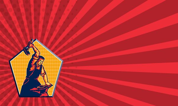Business card template showing illustration of a blacksmith worker with sledgehammer striking at anvil done in retro style.