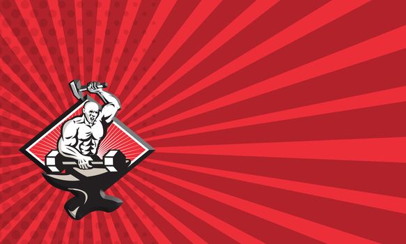 Business card template showing illustration of a blacksmith with hammer forging striking a barbell dumbbell on anvil set inside diamond shape done in retro style.
