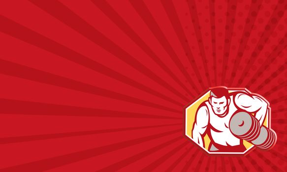 Business card template showing illustration of a weightlifter lifting weights pumping iron set inside hexagon done in retro style.