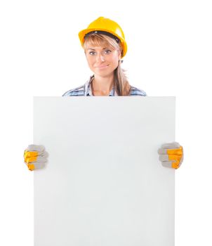 female worker holding white plackard isolated on white background